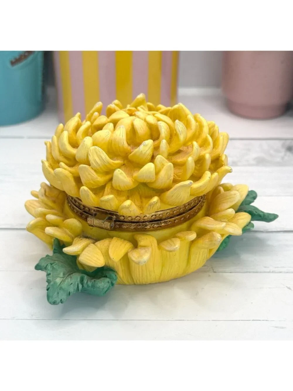 Yellow Chrysanthemum Trinket Box With Hinged Lid & Gold Accents